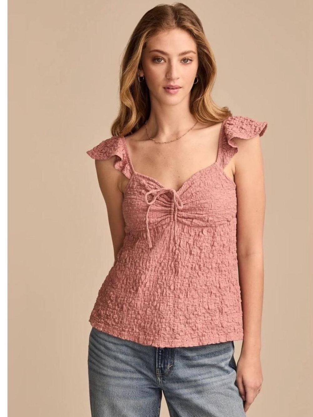 Lucky Brand Textured Babydoll Dusty Rose Smocked Tie-Front Top NWT